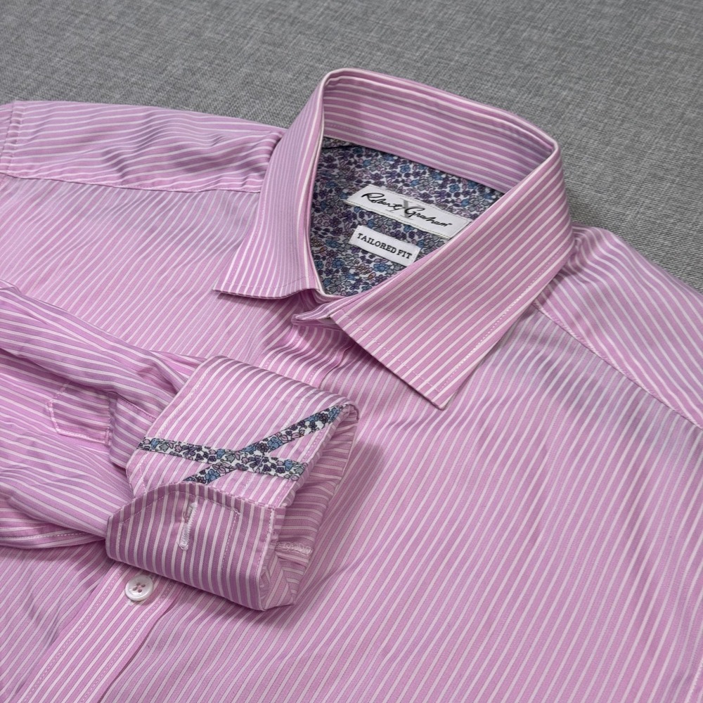 Robert Graham Dress Shirt‎ Mens 15.5 (39) Pink Striped Point Collar Tailored Fit